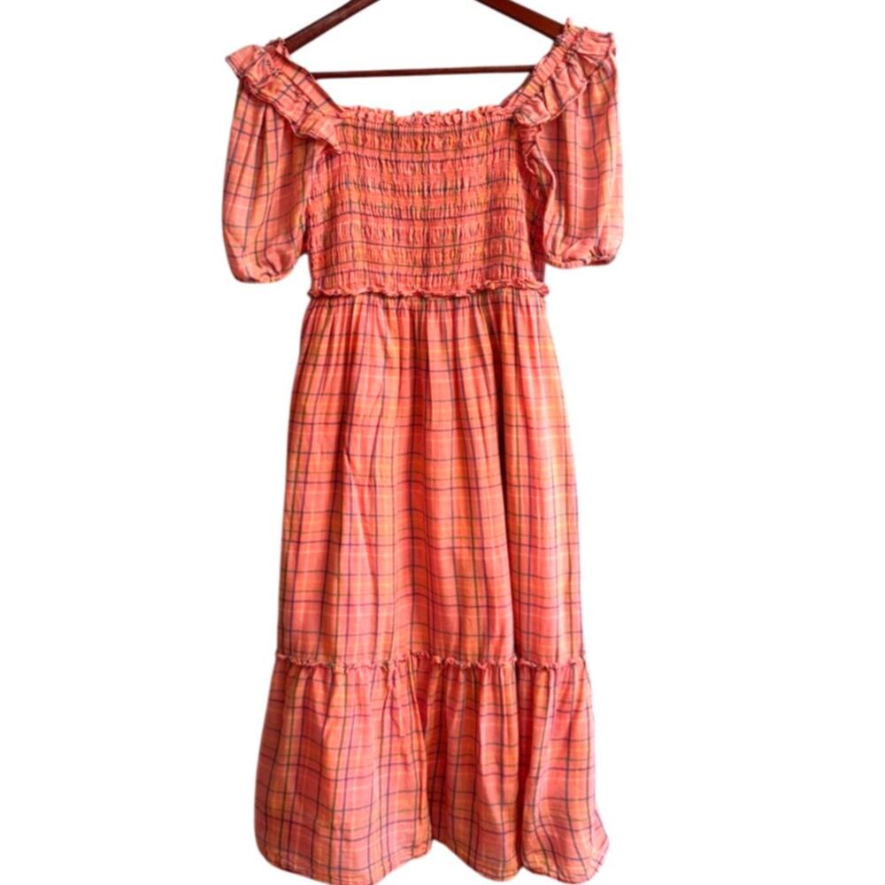Vineyard Vines Girls Pink Plaid Smocked Ruffle Midi Dress Size L 14